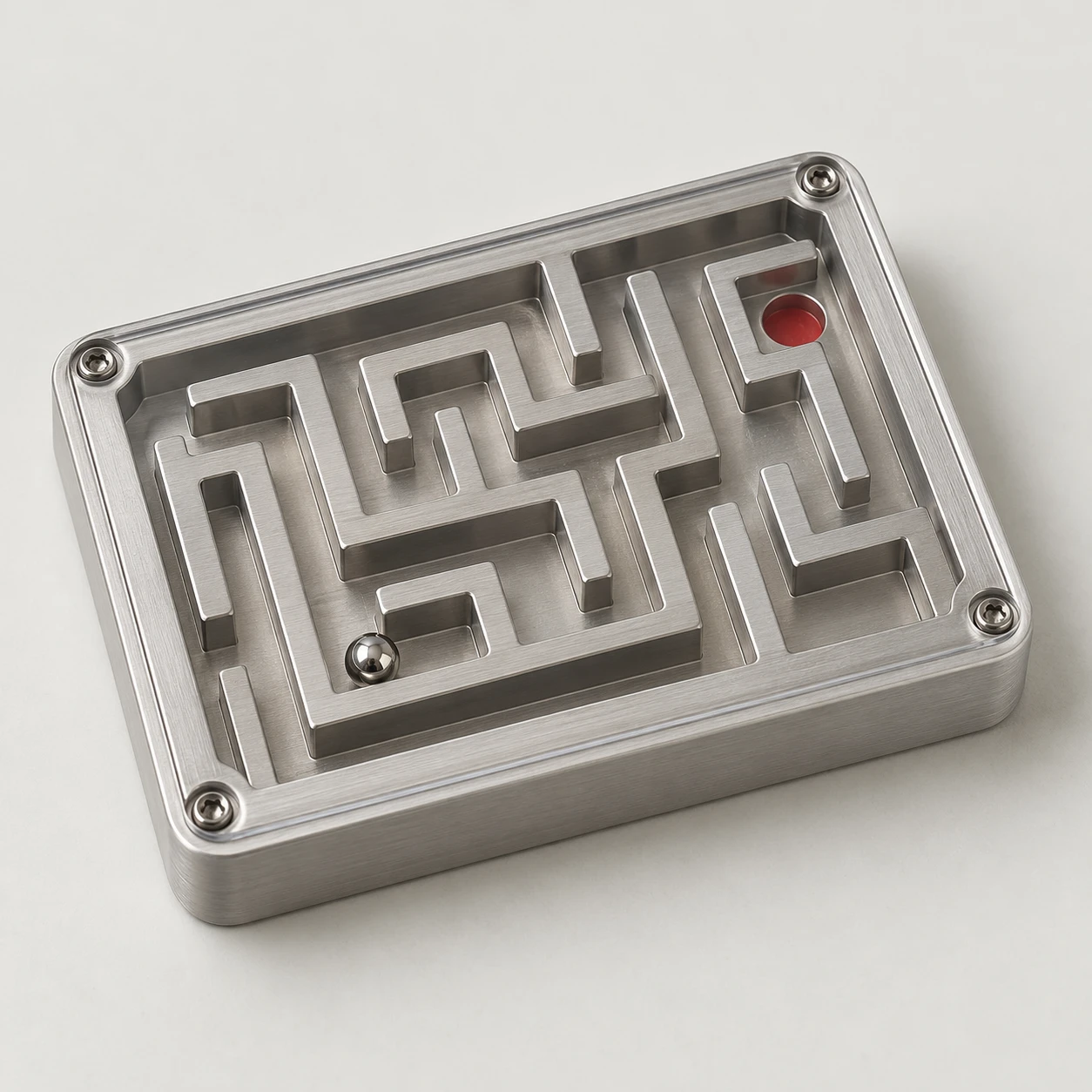 Brushed aluminum pocket maze with a clear lid, steel ball and red exit recess.