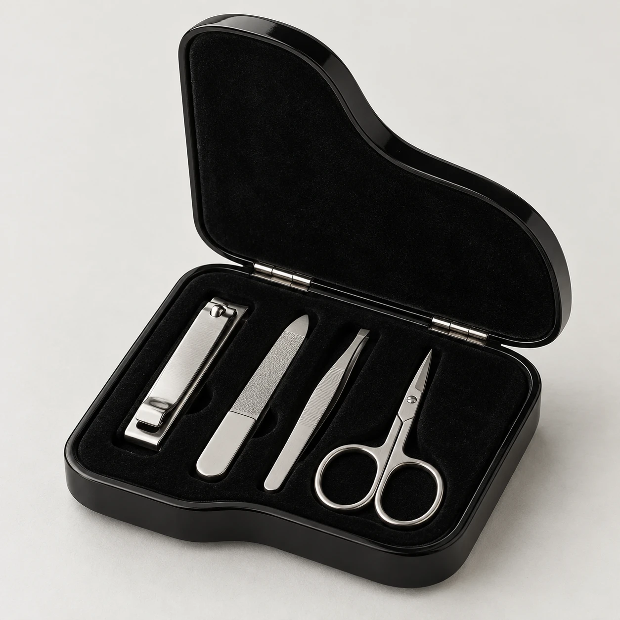 Open black grand-piano-shaped case holding four stainless steel manicure tools.