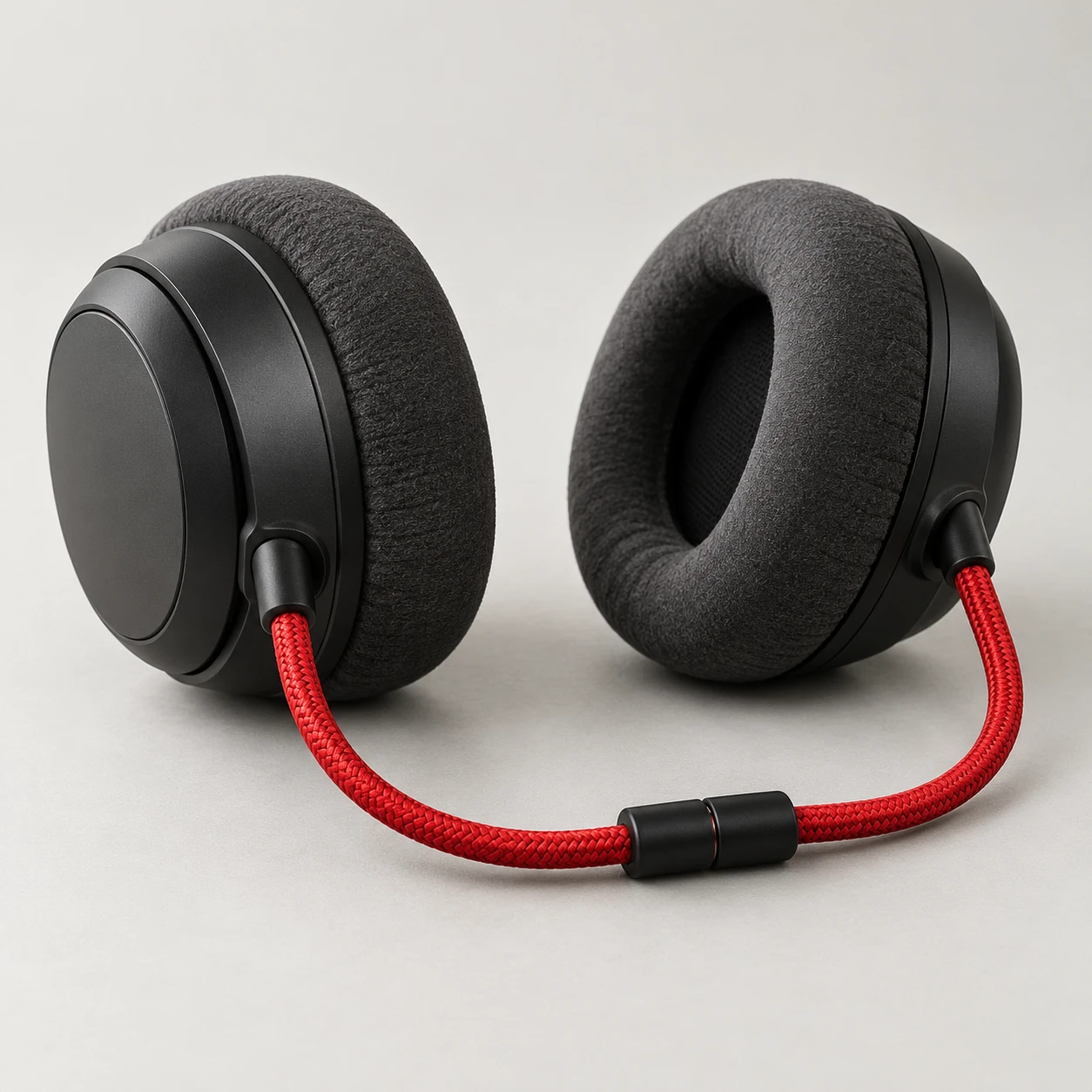 Studio photograph of two black padded headphone earcups joined by a red braided cable.