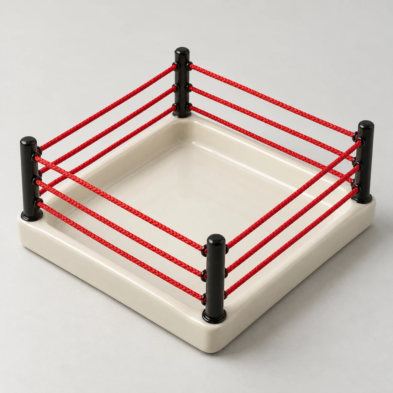 Ivory ceramic jewelry tray with four black posts and red boxing-ring ropes.