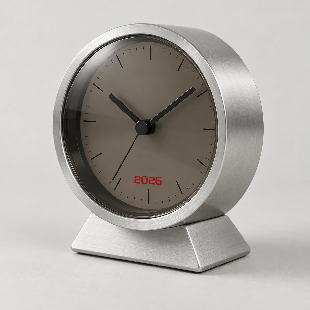 Studio photograph of a brushed aluminum desk clock with a smoky face and red 2026 lettering.