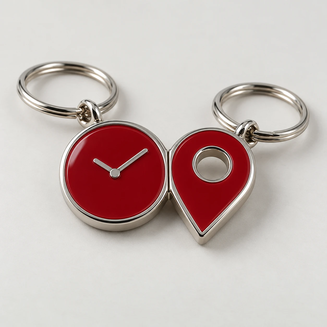 Pair of polished metal keyrings with red clock and location-pin charms.