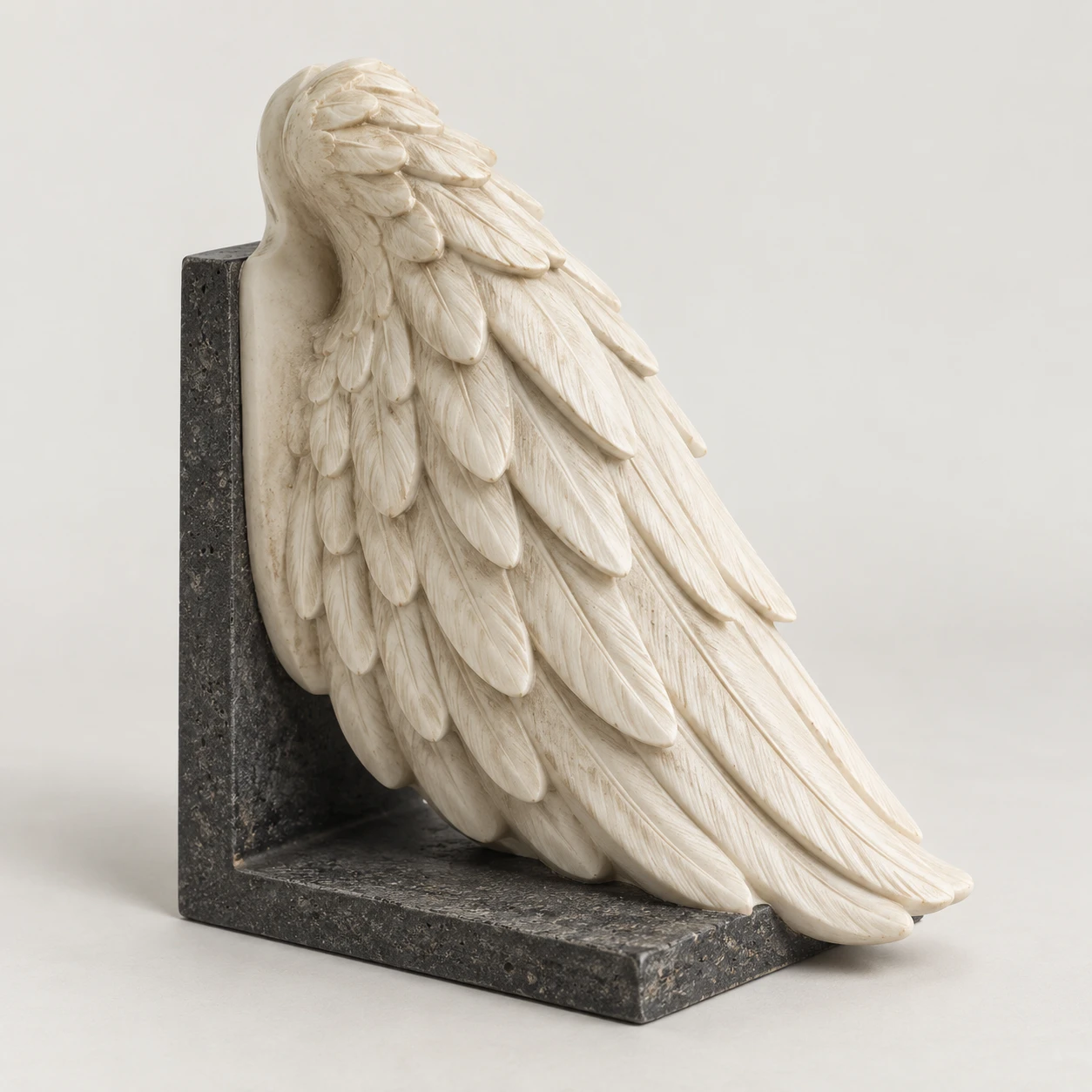 Ivory ceramic wing bookend on a charcoal stone-effect base.